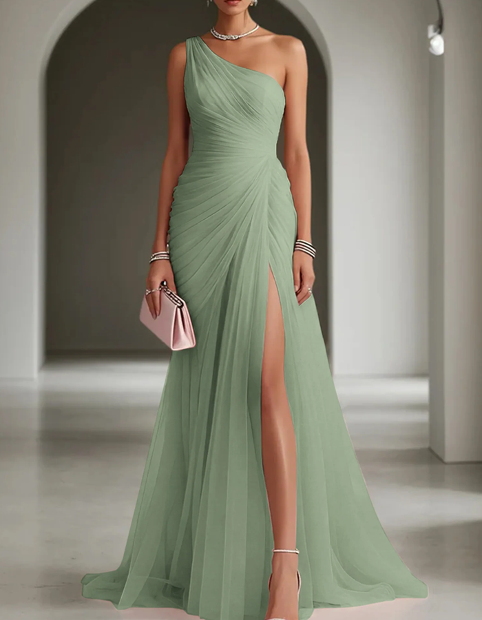 Ursula | Pleated Chiffon Maxi Dress One Shoulder Wedding Guest