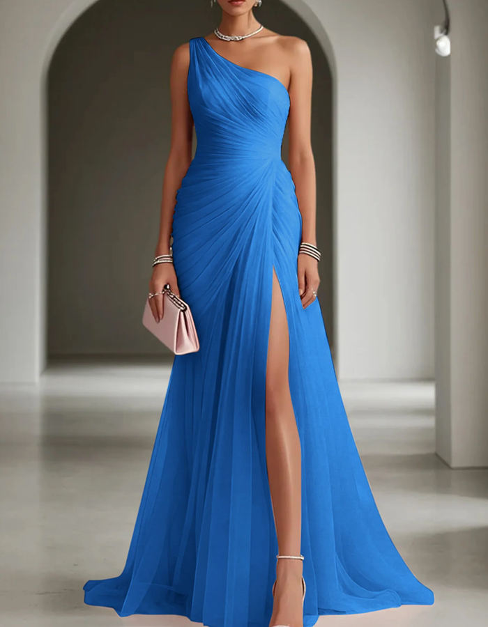 Ursula | Pleated Chiffon Maxi Dress One Shoulder Wedding Guest