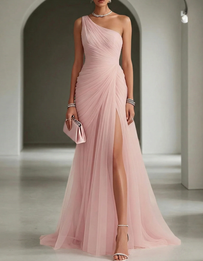 Ursula | Pleated Chiffon Maxi Dress One Shoulder Wedding Guest