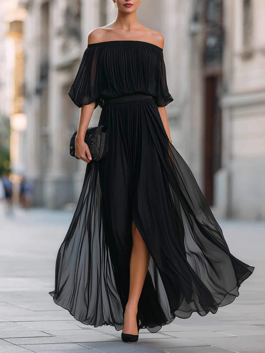 Faustine | Off-Shoulder Pleated Chiffon Maxi Evening Dress