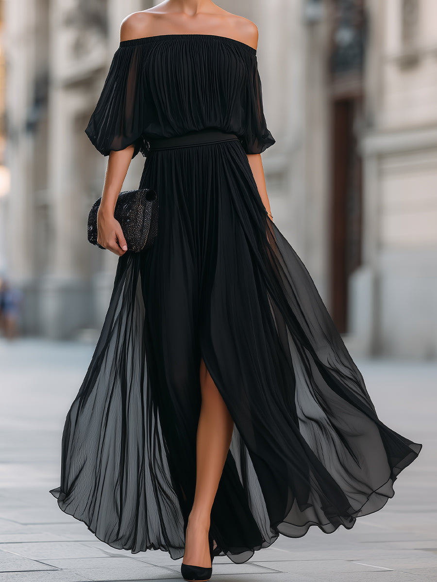 Faustine | Off-Shoulder Pleated Chiffon Maxi Evening Dress