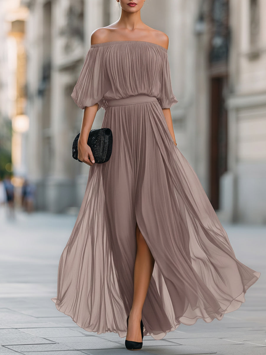 Xanthe | Off-Shoulder Pleated Chiffon Maxi Evening Dress
