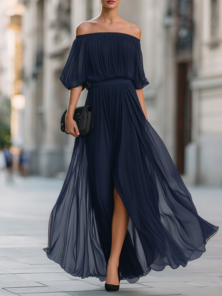 Faustine | Off-Shoulder Pleated Chiffon Maxi Evening Dress