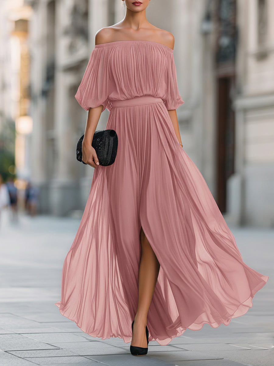 Faustine | Off-Shoulder Pleated Chiffon Maxi Evening Dress