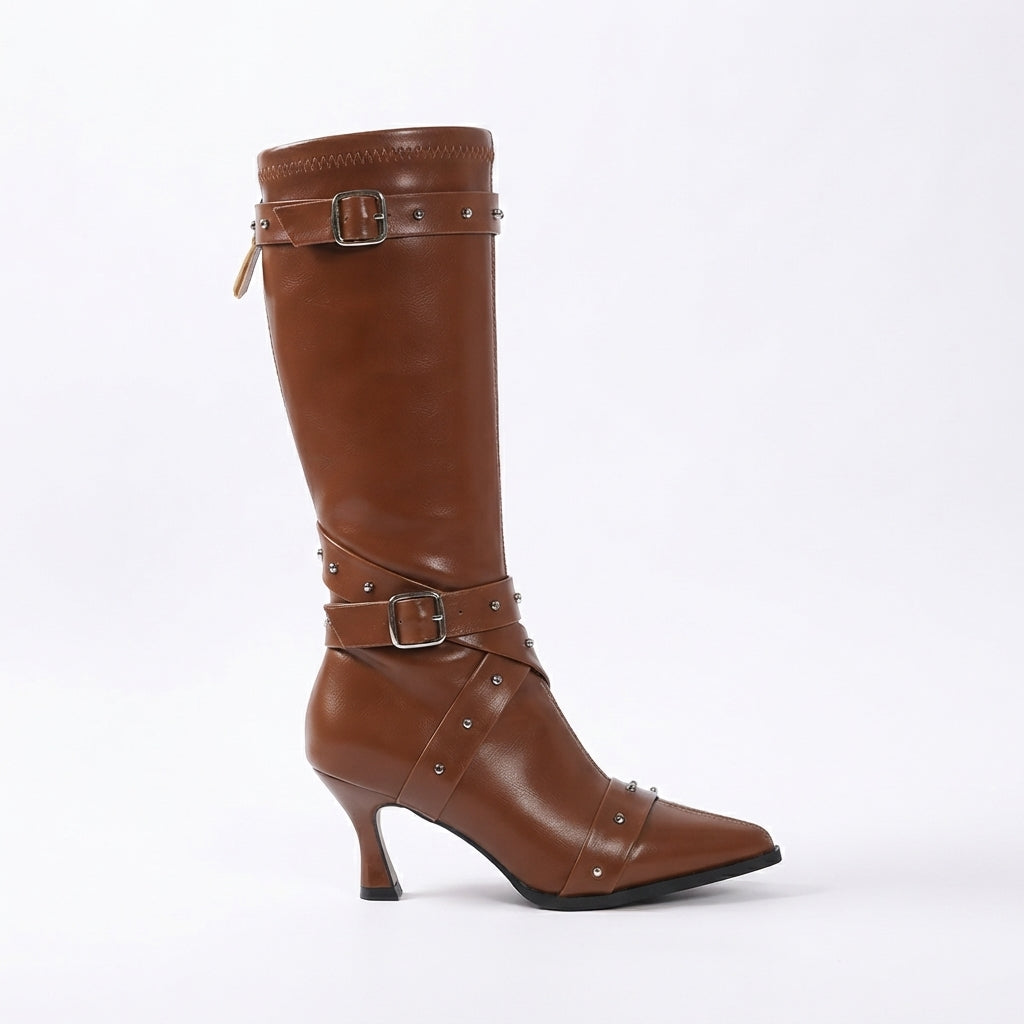 Seraphina | Black Leather Block Heel Knee High Boots