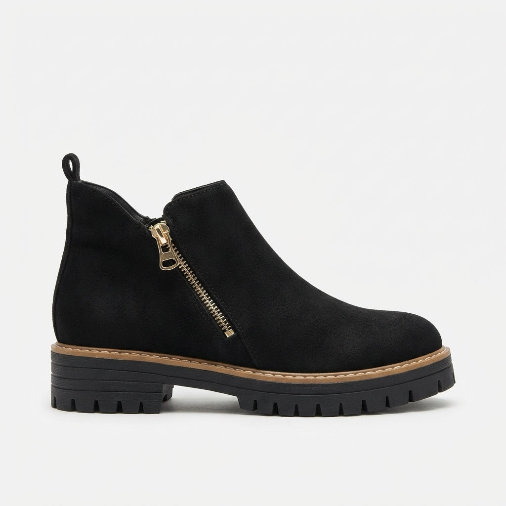 Floriane | Flat Heeled Ankle Boots in Black & Brown — Black