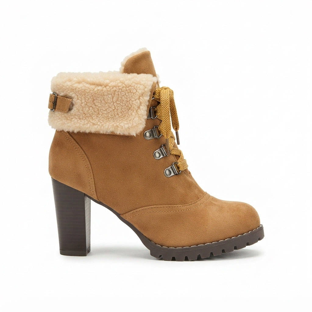 Lorraine | Chunky Heel Faux Fur Lace-Up Black Ankle Boots