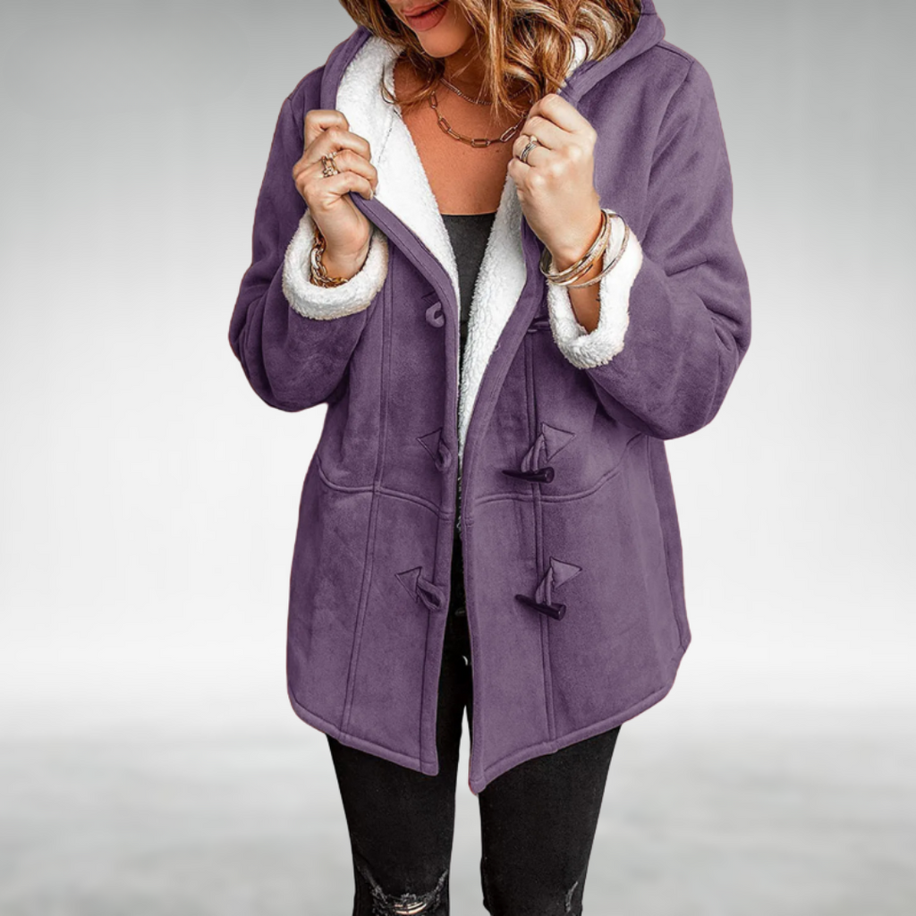 Marguerite | Black Wool Winter Puffer Coat With Fur Hood — Purple
