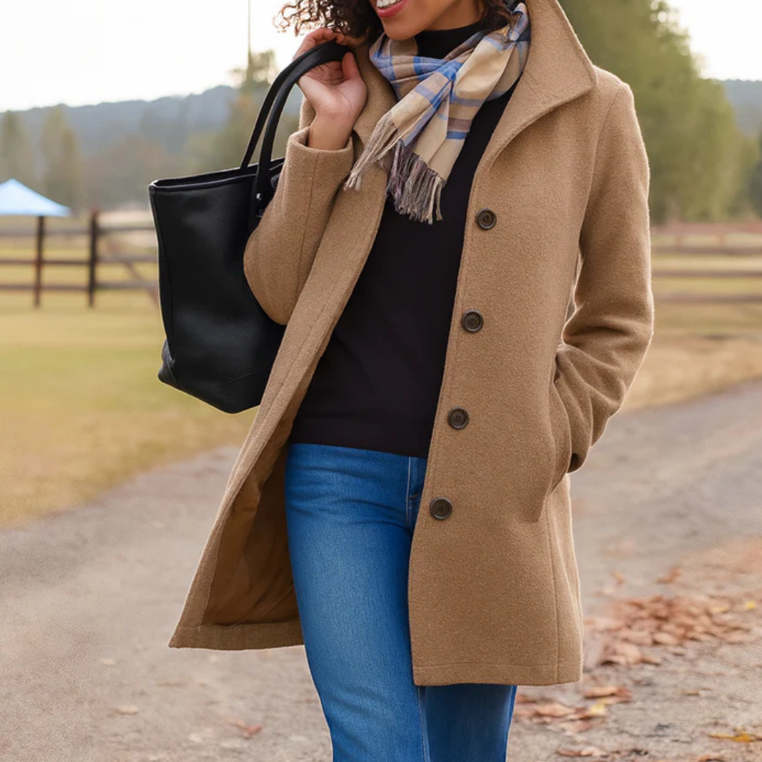 Oceane | Black Long Winter Coat Full Length Button Front — Khaki