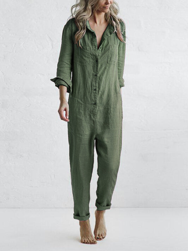 Amandine | Comfy Long Sleeve Cotton Jumpsuit With Pockets