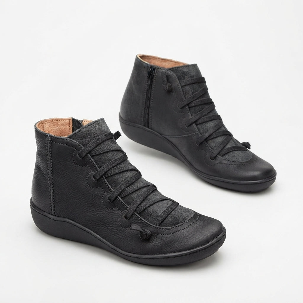Camille | Low Heeled Black Leather Ankle Boots