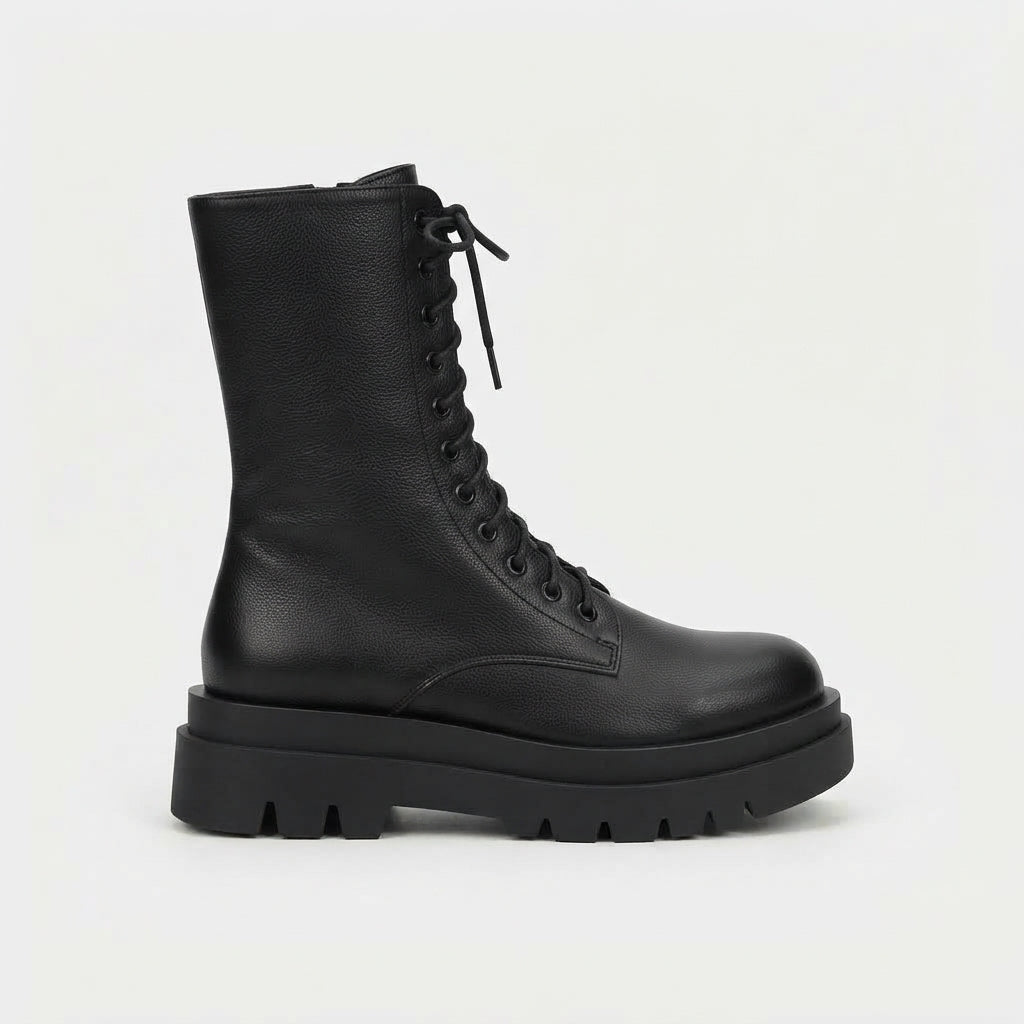 Tamsin | Black Leather Platform Chelsea Combat Boots — Black