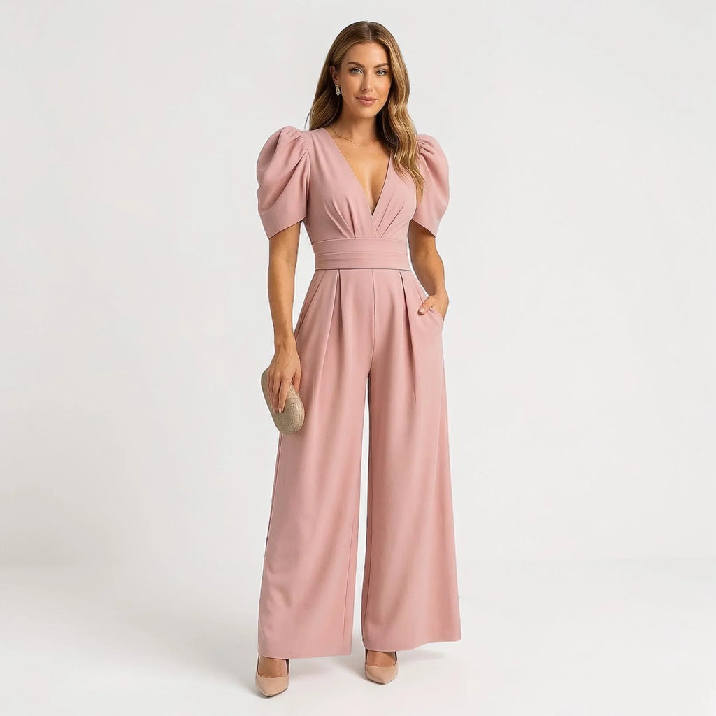 Vivienne | Wide Leg Casual Tailored Puff Sleeve Jumpsuit