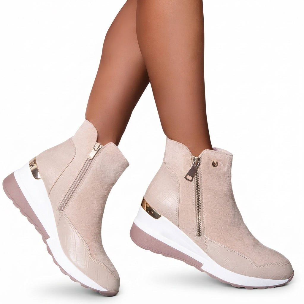 Vivienne | Black Brown Flat Heeled Ankle Boots Winter — Beige