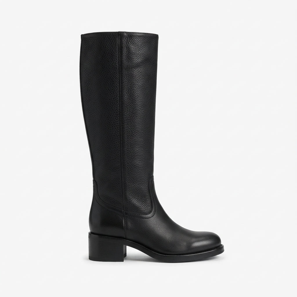 Lavinia | Black Leather Knee High Wide Fit Boots — Black