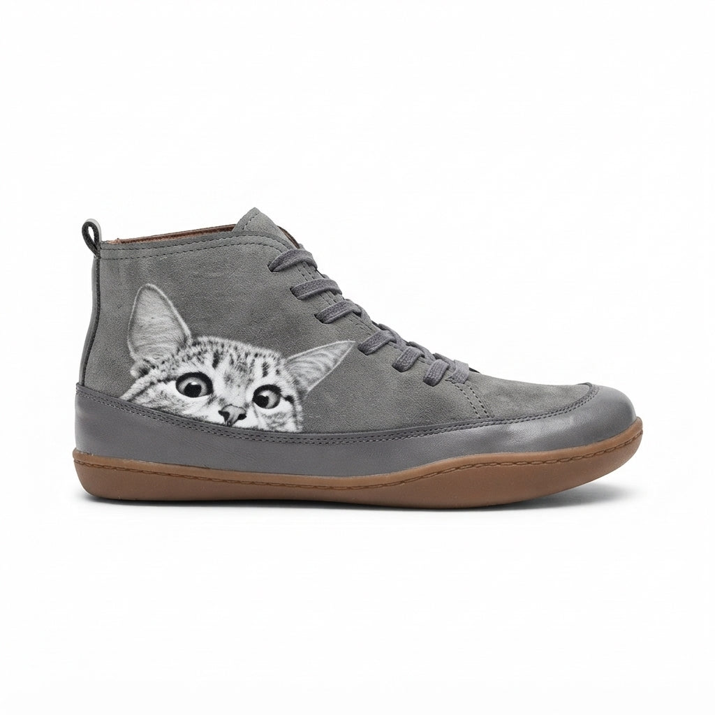 Ursula | Black Brown Heeled Ankle Boots With Cat Print Detail