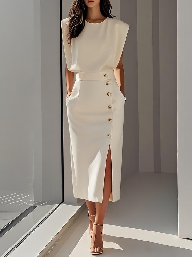 Octavia | Women Formal Midi Dress With Button Slit Detail — White