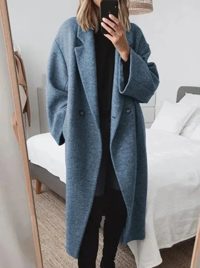 Valentina | Black Oversized Longline Double Breasted Wool Coat — Blue