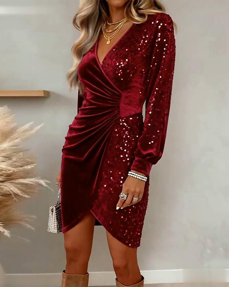 Fenella | Long Sleeve Velvet Sequin Mini Dress Green Silver White