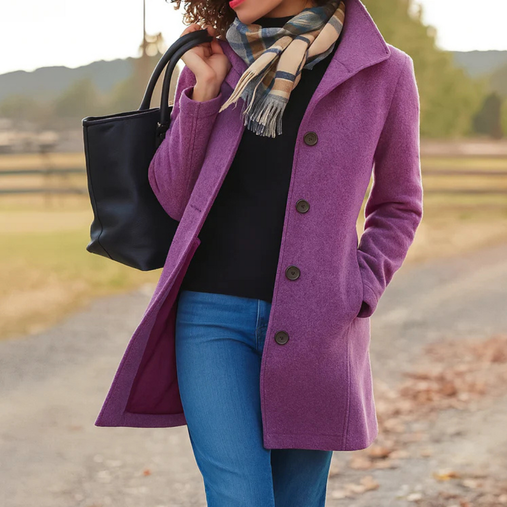 Oceane | Black Long Winter Coat Full Length Button Front — Purple