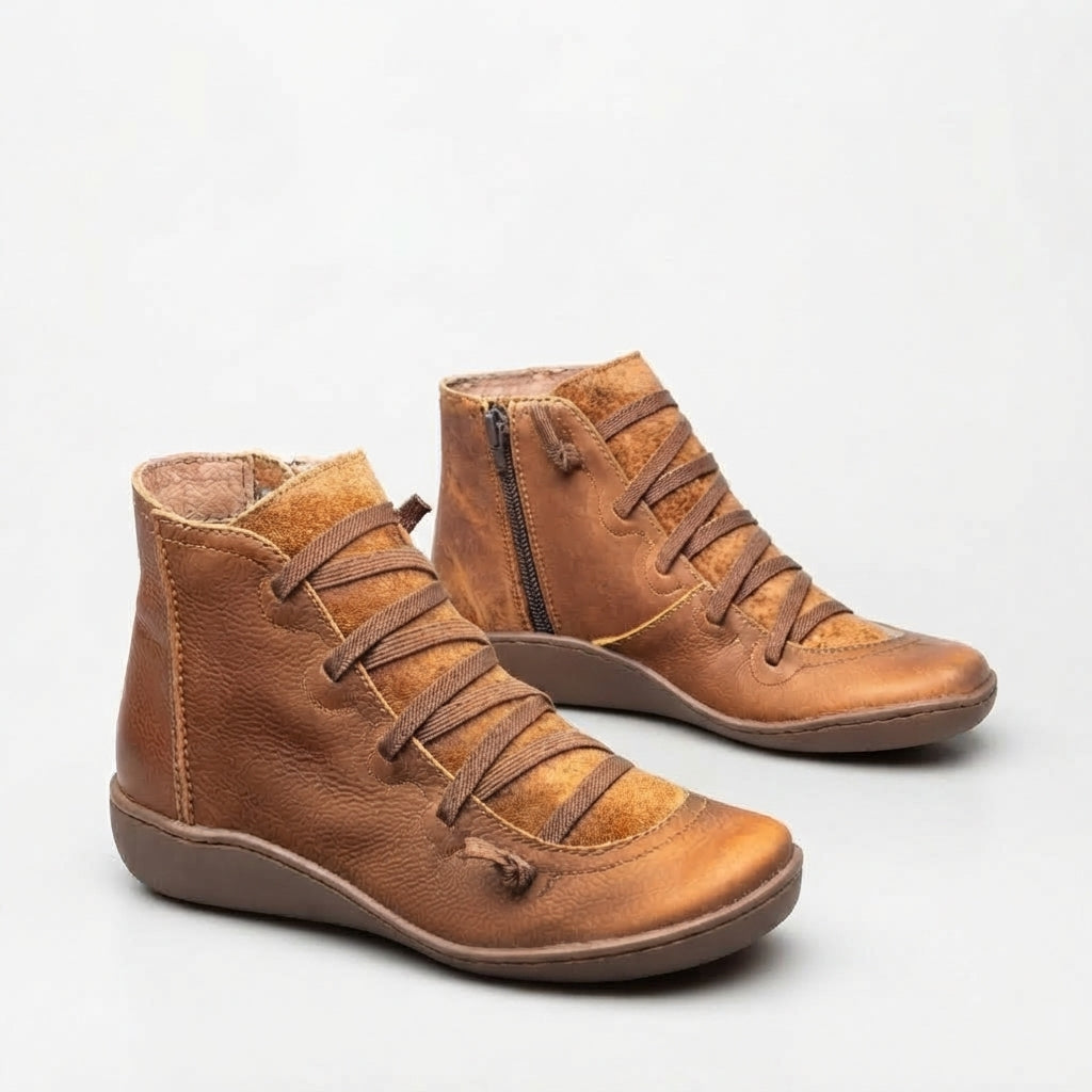 Camille | Low Heeled Black Leather Ankle Boots — Brown