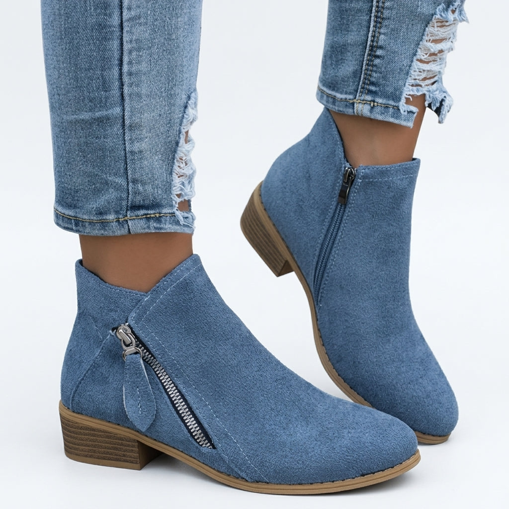 Esmee | Low Heel Black Brown Leather Ankle Boots — Blue