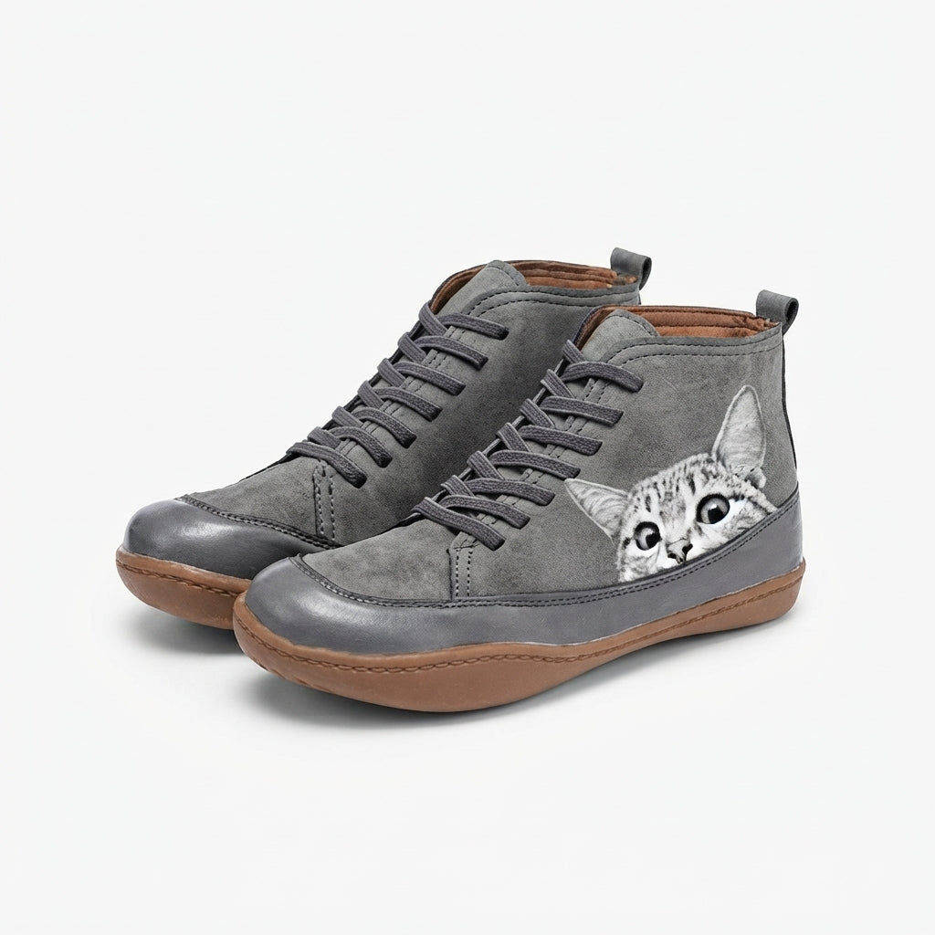 Ursula | Black Brown Heeled Ankle Boots With Cat Print Detail — Grey