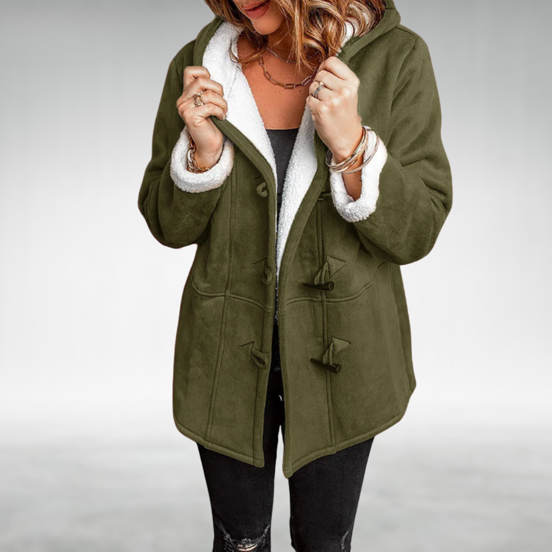 Marguerite | Black Wool Winter Puffer Coat With Fur Hood — Green