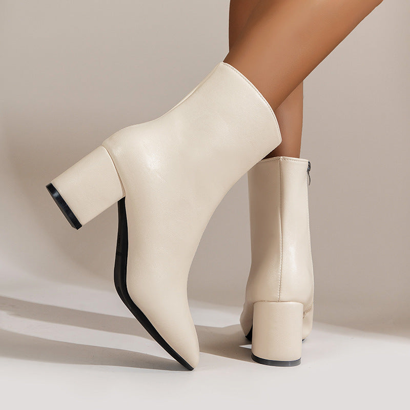 Camille | Black Low Block Heel Leather Ankle Boots — Beige