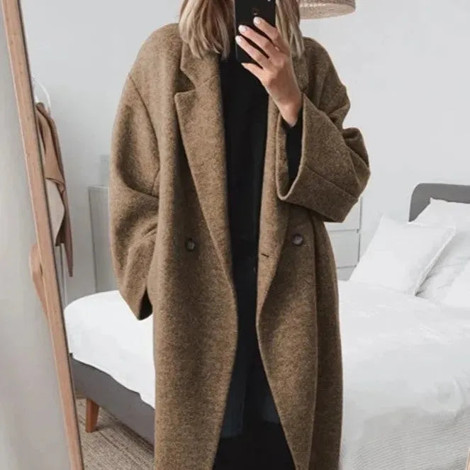 Valentina | Black Oversized Longline Double Breasted Wool Coat — Brown