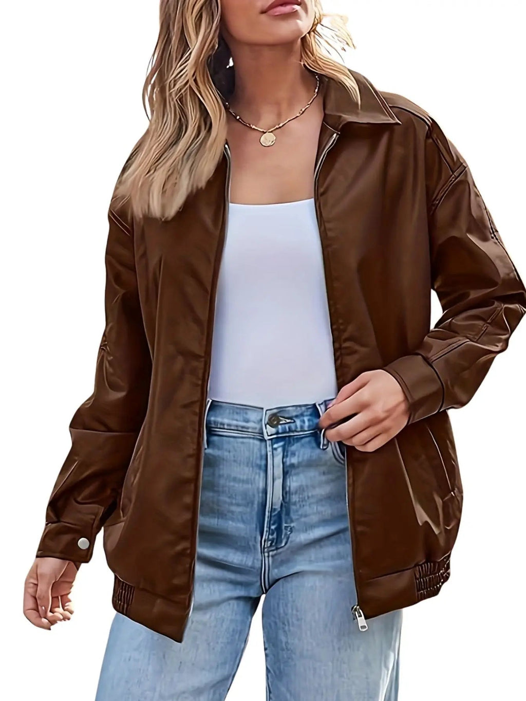Honorine | Oversized Faux Leather Jacket in Brown Black Olive