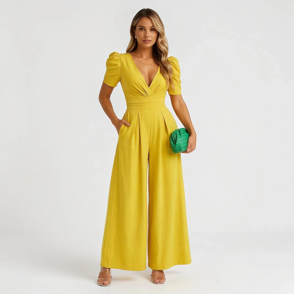 Vivienne | Wide Leg Casual Tailored Puff Sleeve Jumpsuit