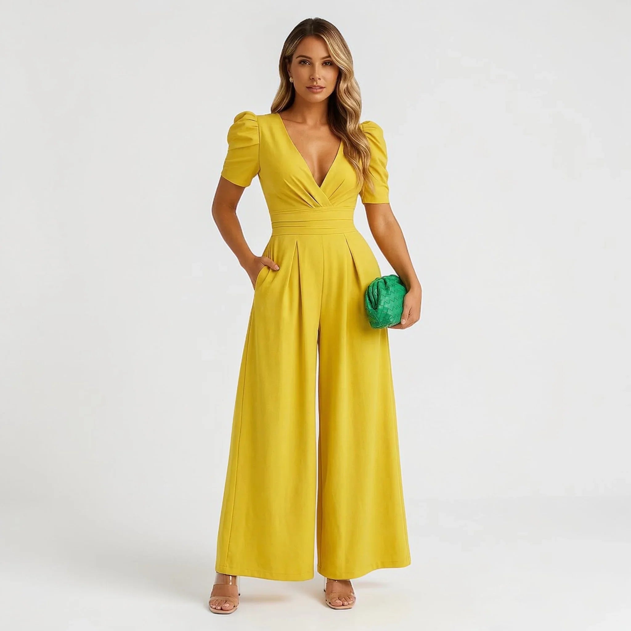 Vivienne | Wide Leg Casual Tailored Puff Sleeve Jumpsuit