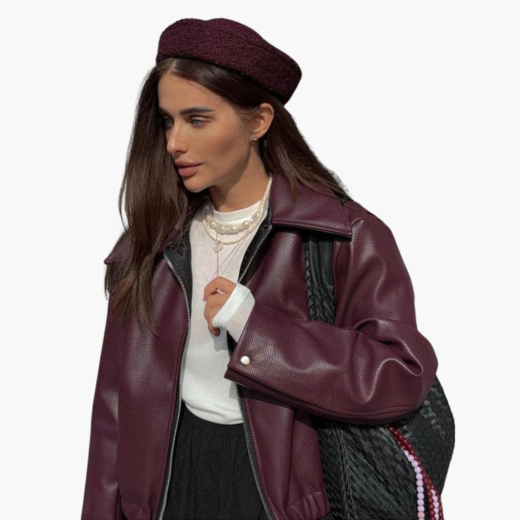Maelys | Women Burgundy Leather Bomber Jacket