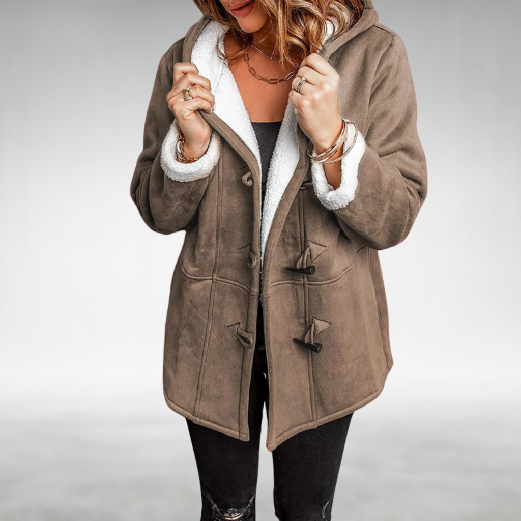 Marguerite | Black Wool Winter Puffer Coat With Fur Hood — Brown