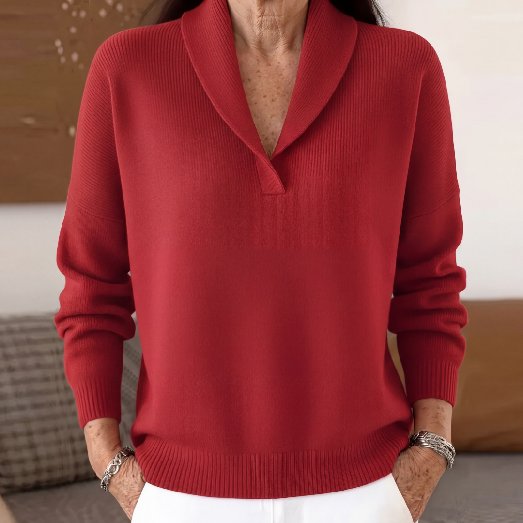 Cordelia | Cashmere Wool V Neck Roll Jumper Winter Knitwear — Red