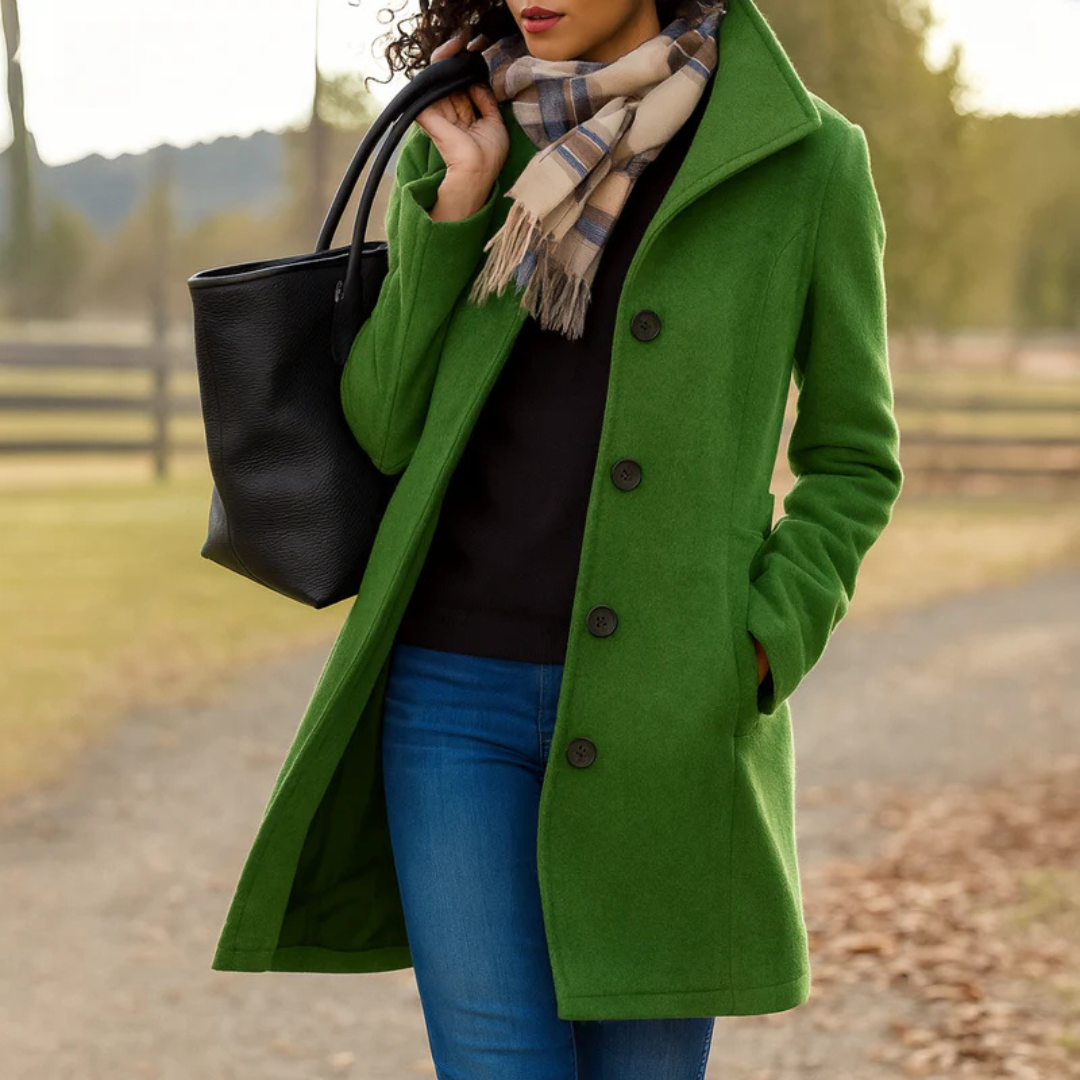 Oceane | Black Long Winter Coat Full Length Button Front — Dark Green