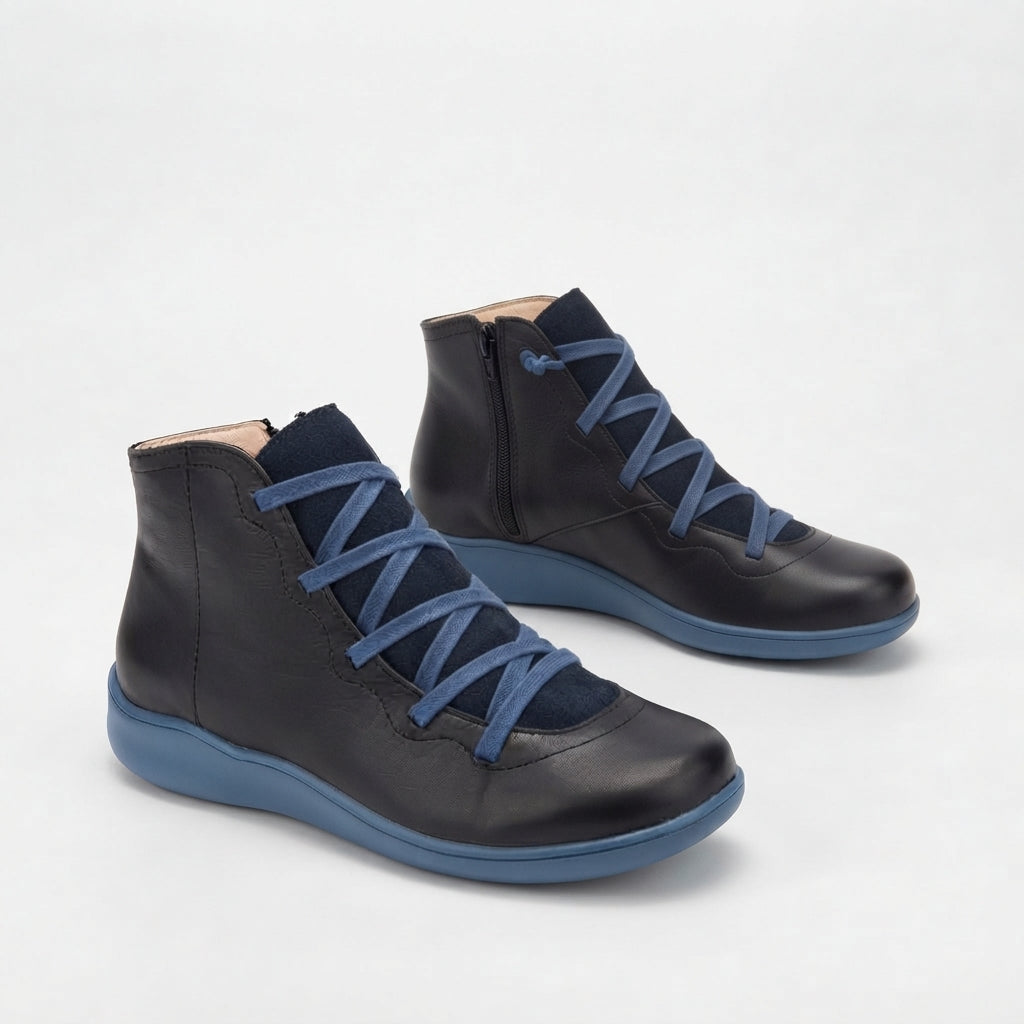 Camille | Low Heeled Black Leather Ankle Boots — Blue