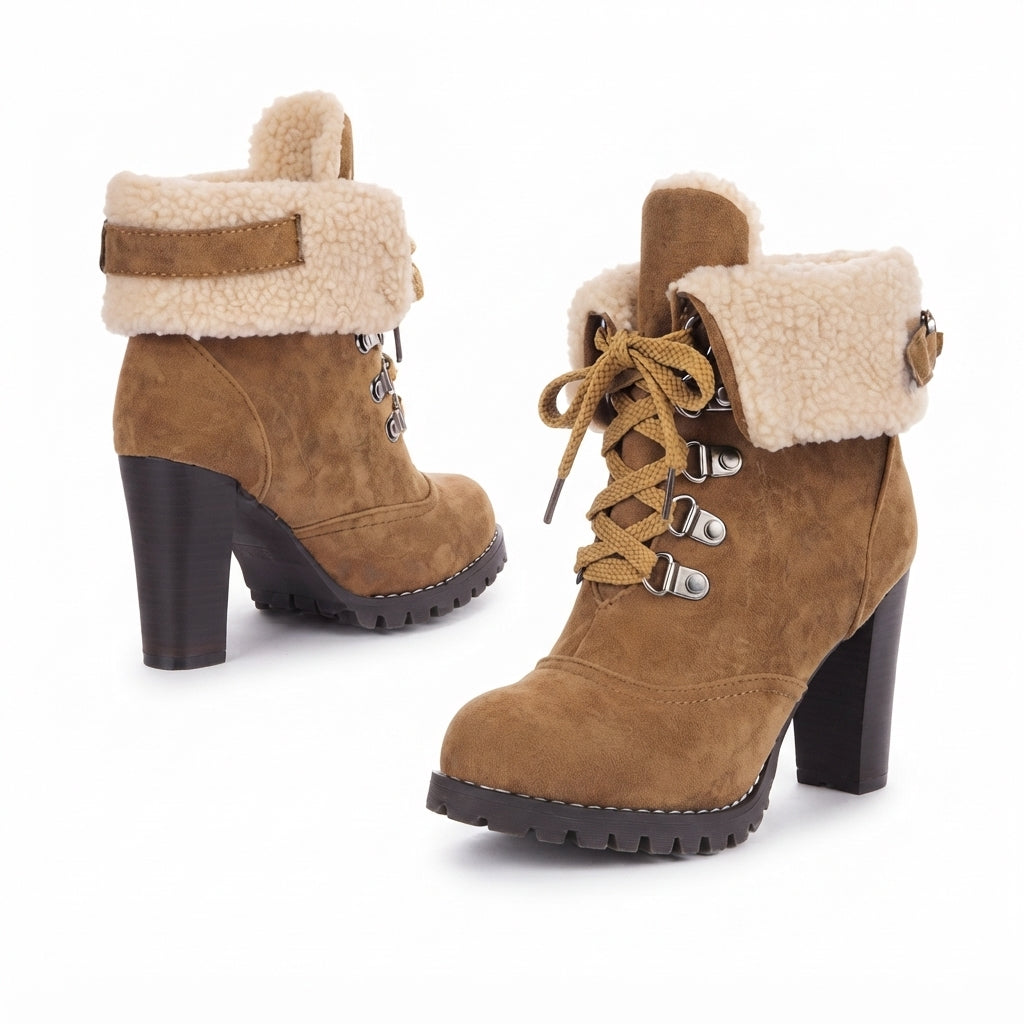 Lorraine | Chunky Heel Faux Fur Lace-Up Black Ankle Boots