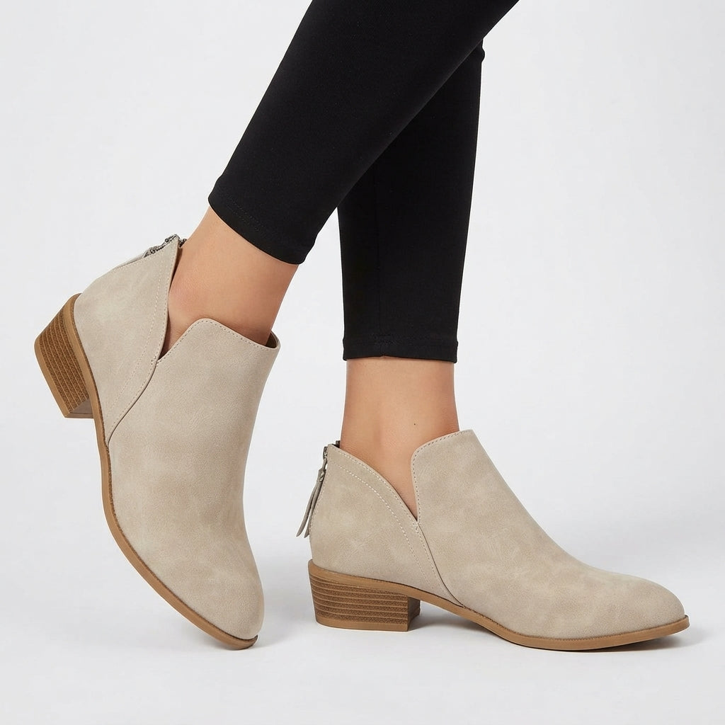 Arabella | Black Leather Low Heel Flat Ankle Boots — Beige