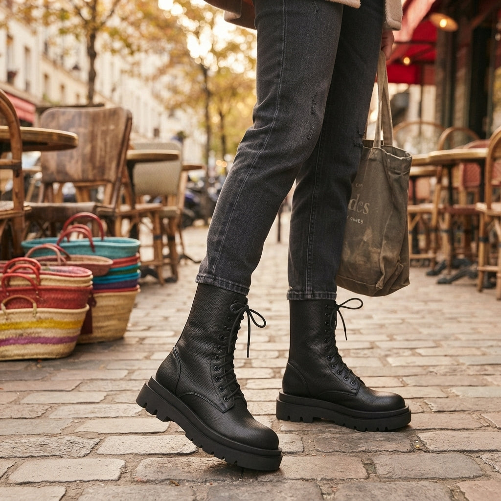 Tamsin | Black Leather Platform Chelsea Combat Boots