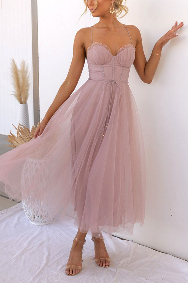 Amandine | White Tulle Corset Midi Dress Sweetheart Neckline
