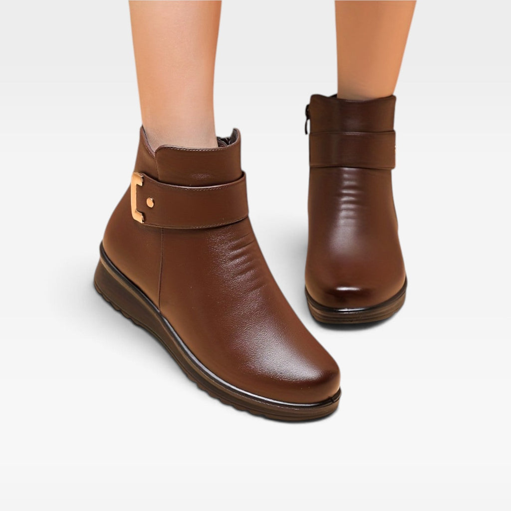 Thalia | Black Leather Low Heel Ankle Boots Flat — Brown