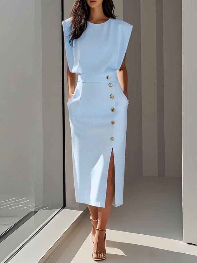 Octavia | Women Formal Midi Dress With Button Slit Detail — Light Blue