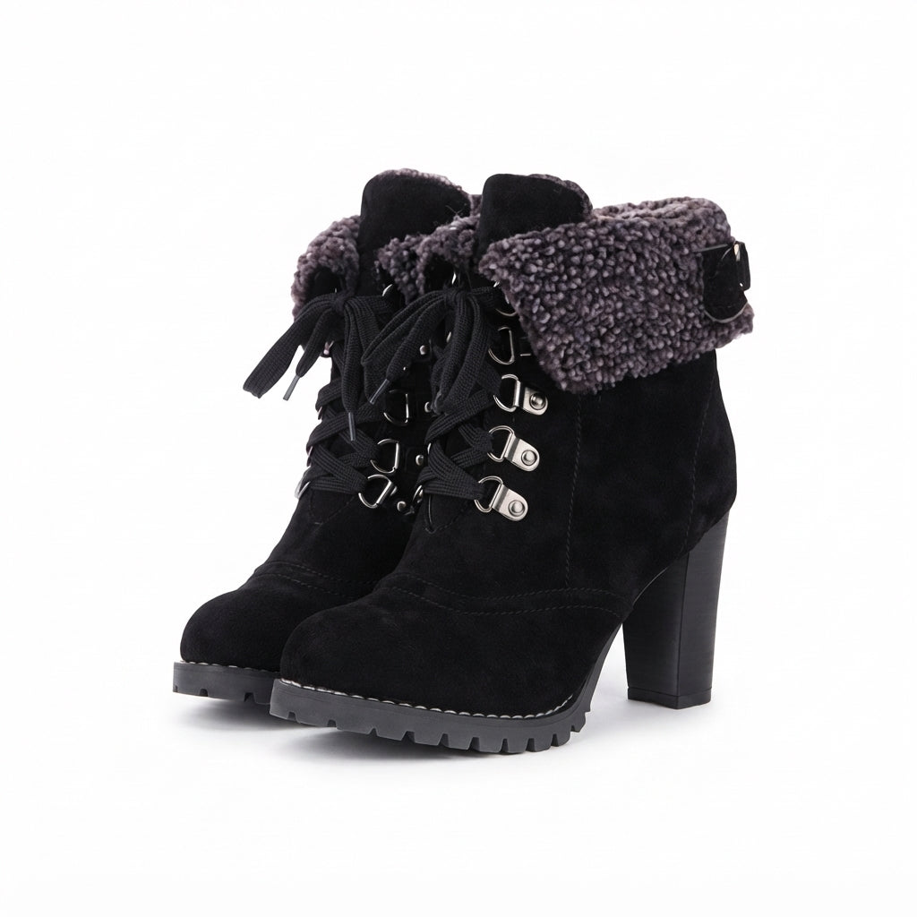 Lorraine | Chunky Heel Faux Fur Lace-Up Black Ankle Boots — Black