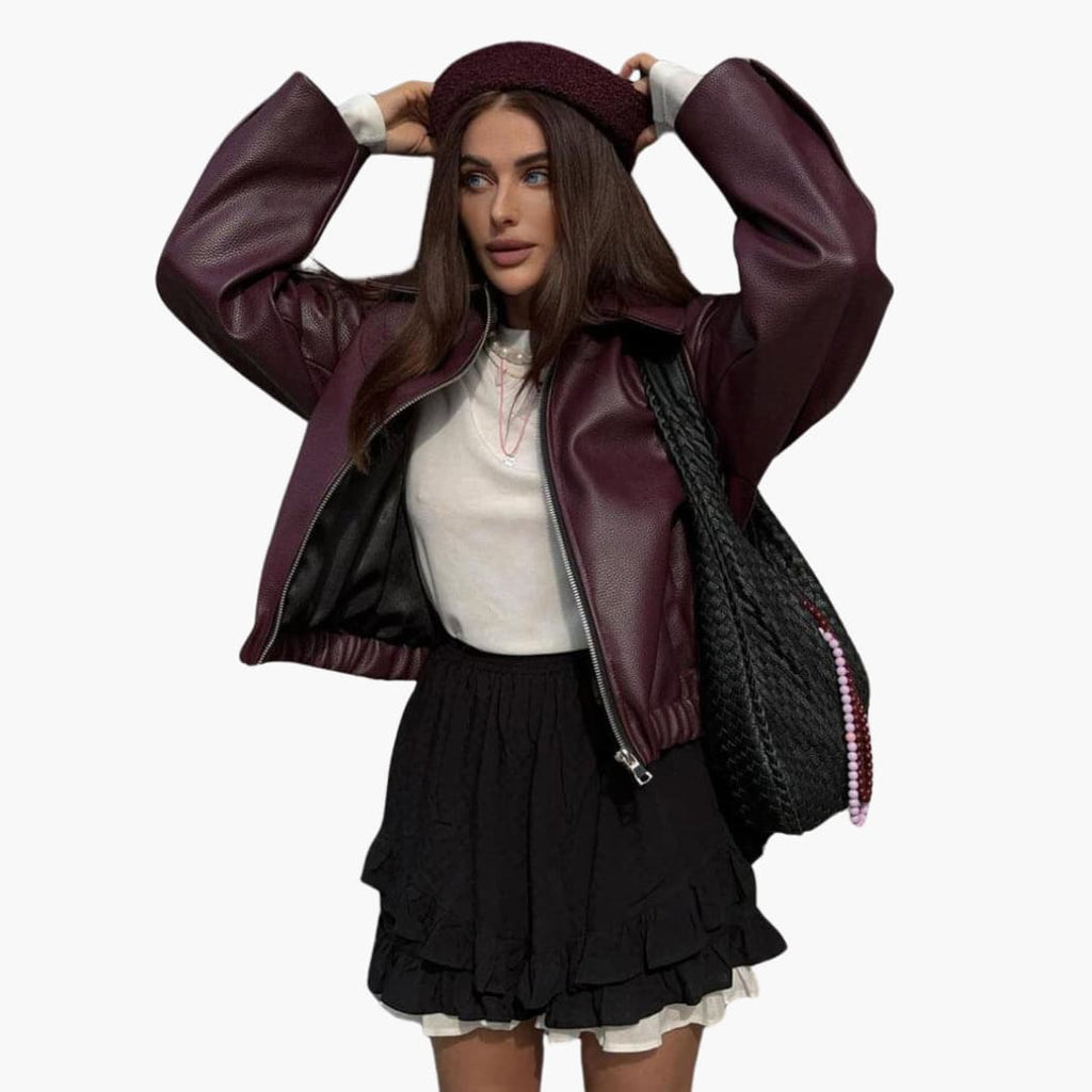Maelys | Women Burgundy Leather Bomber Jacket