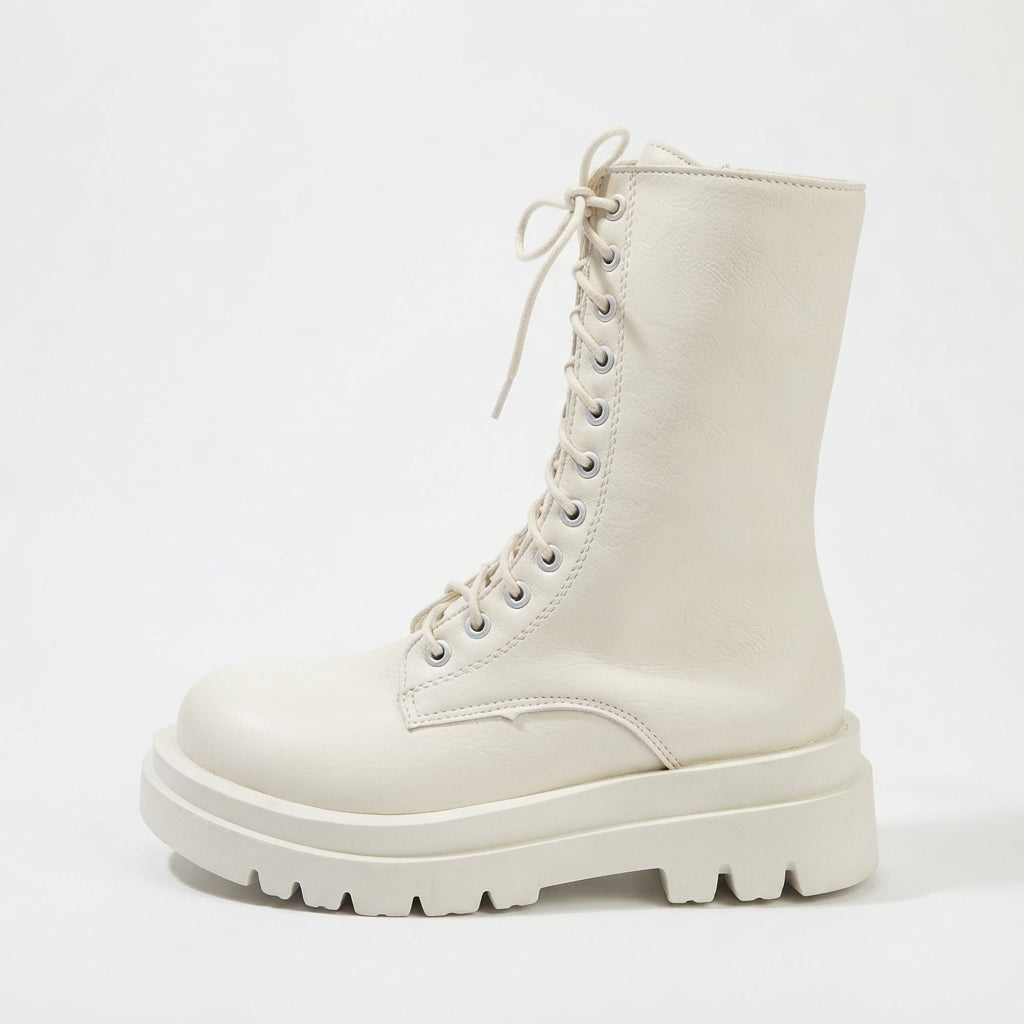 Tamsin | Black Leather Platform Chelsea Combat Boots — White