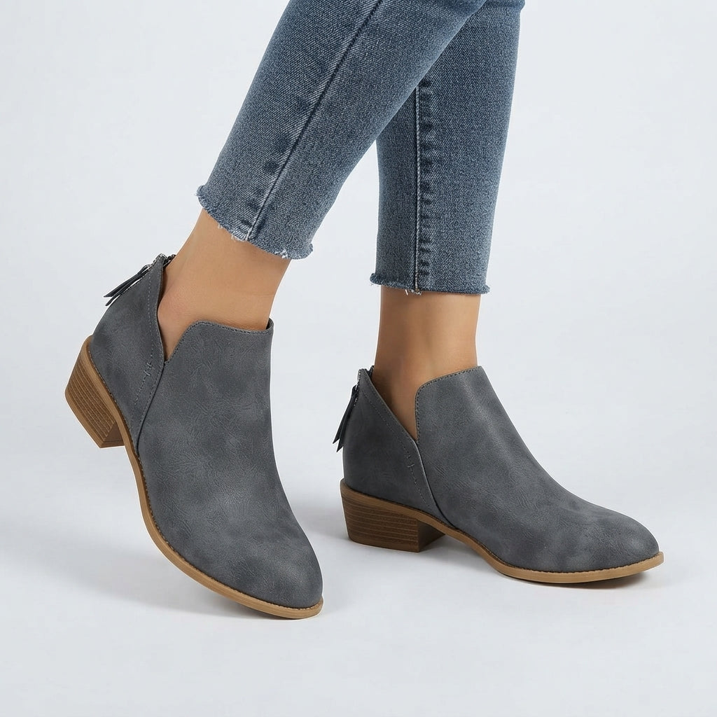 Arabella | Black Leather Low Heel Flat Ankle Boots — Grey