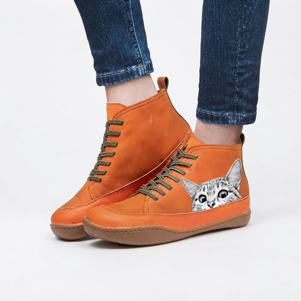 Ursula | Black Brown Heeled Ankle Boots With Cat Print Detail