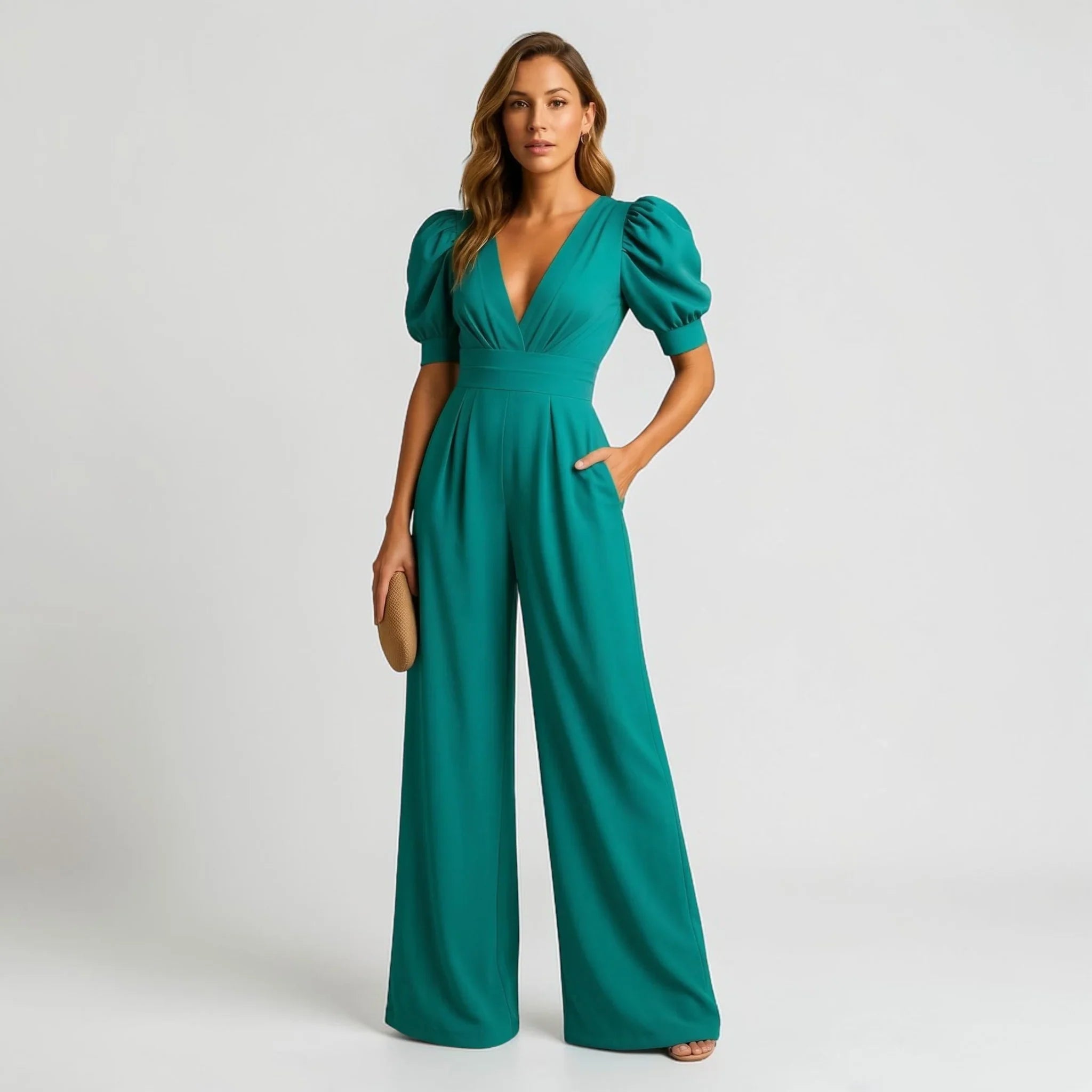 Vivienne | Wide Leg Casual Tailored Puff Sleeve Jumpsuit